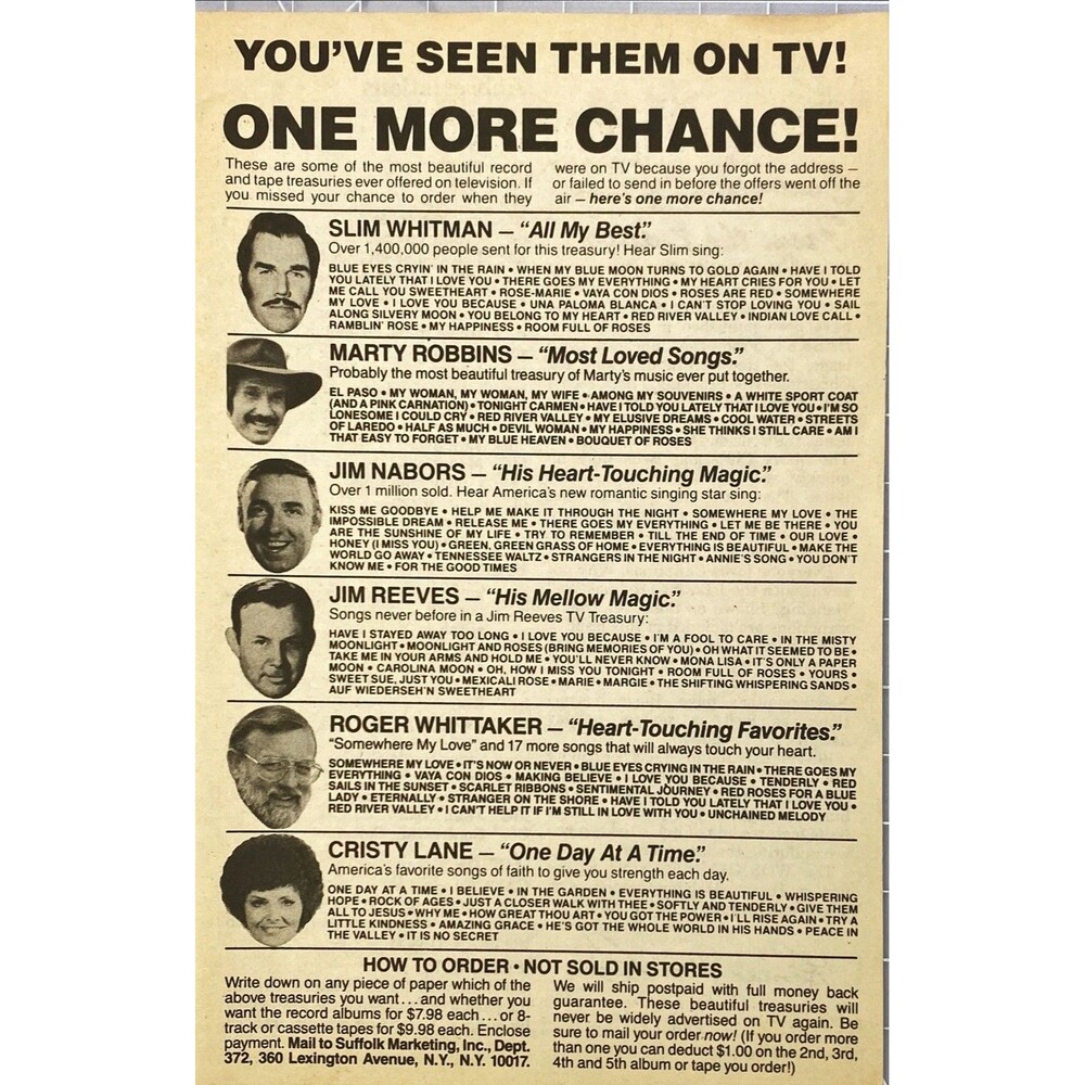 Suffolk Marketing "You have Seen them on TV-Slim Whitman-Jim Nabors Etc. Ad 1983